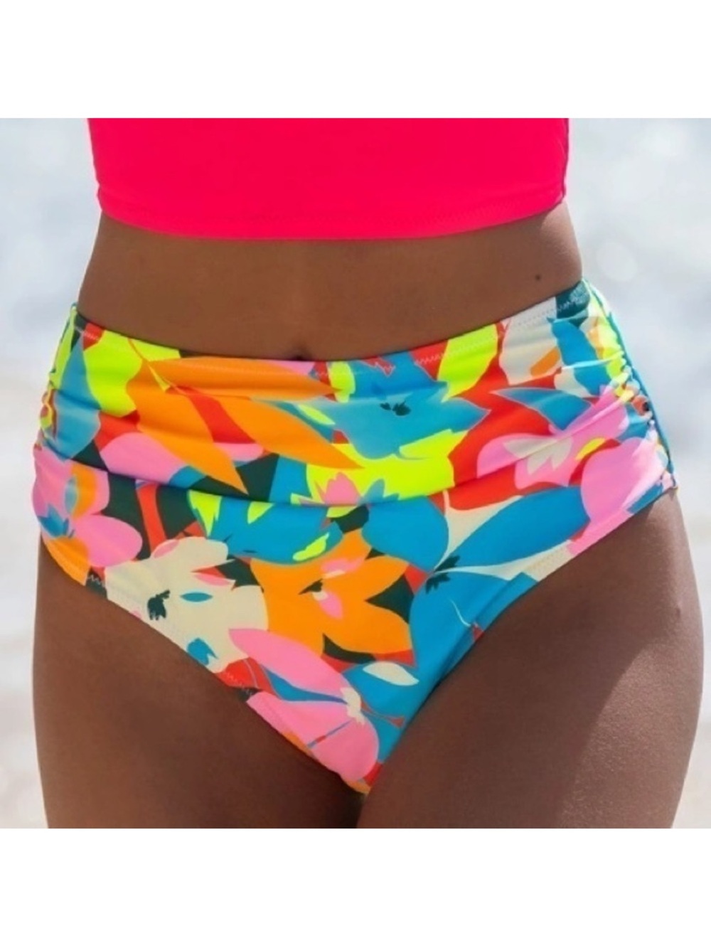 POPVIL High-Waist Floral Print Bikini Bottom - Neon Multicolor